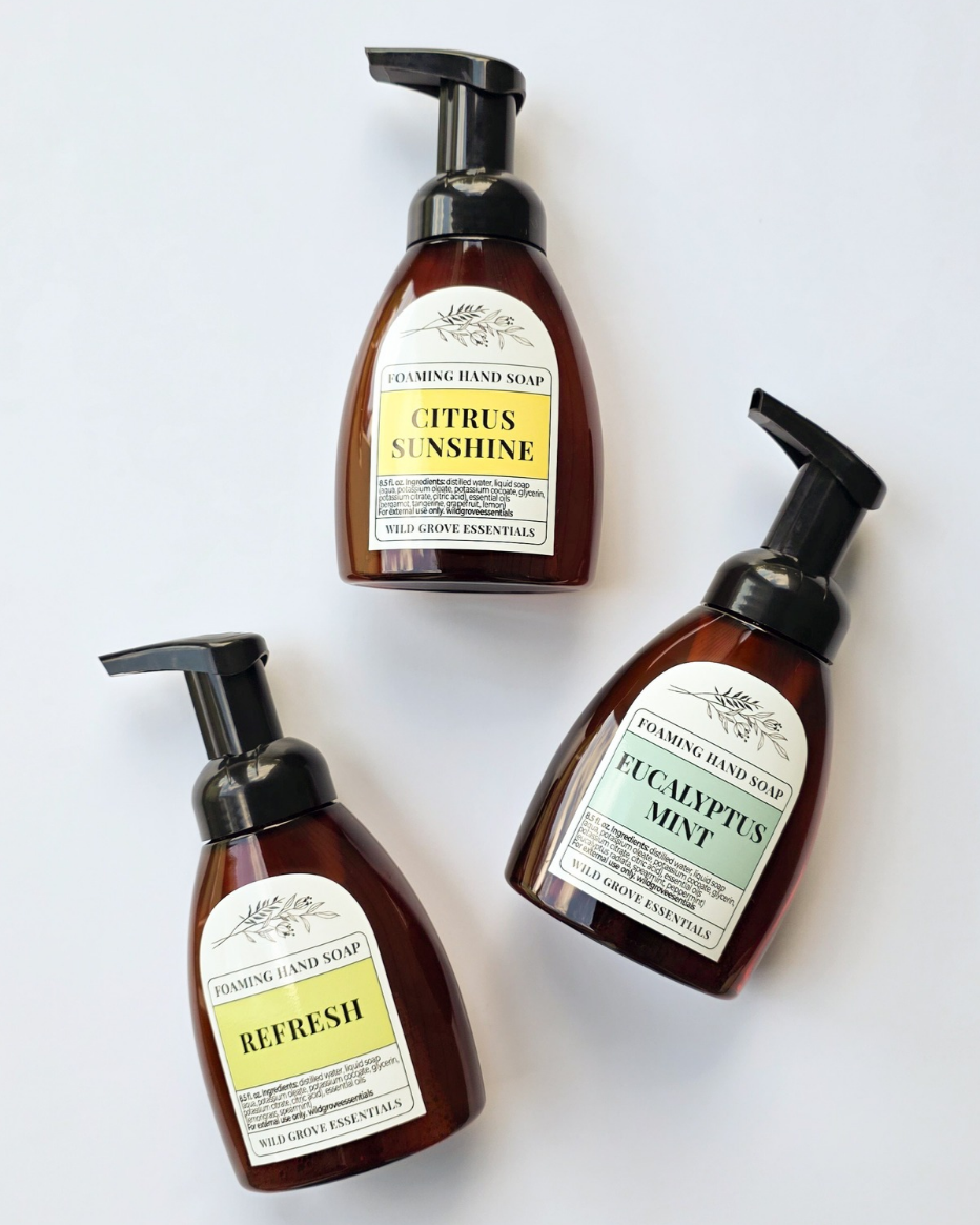 Picture shows 3 bottles of foaming hand soap, scents shown are Citrus Sunshine (yellow), Refresh (green) and Eucalyptus Mint (turqoise).