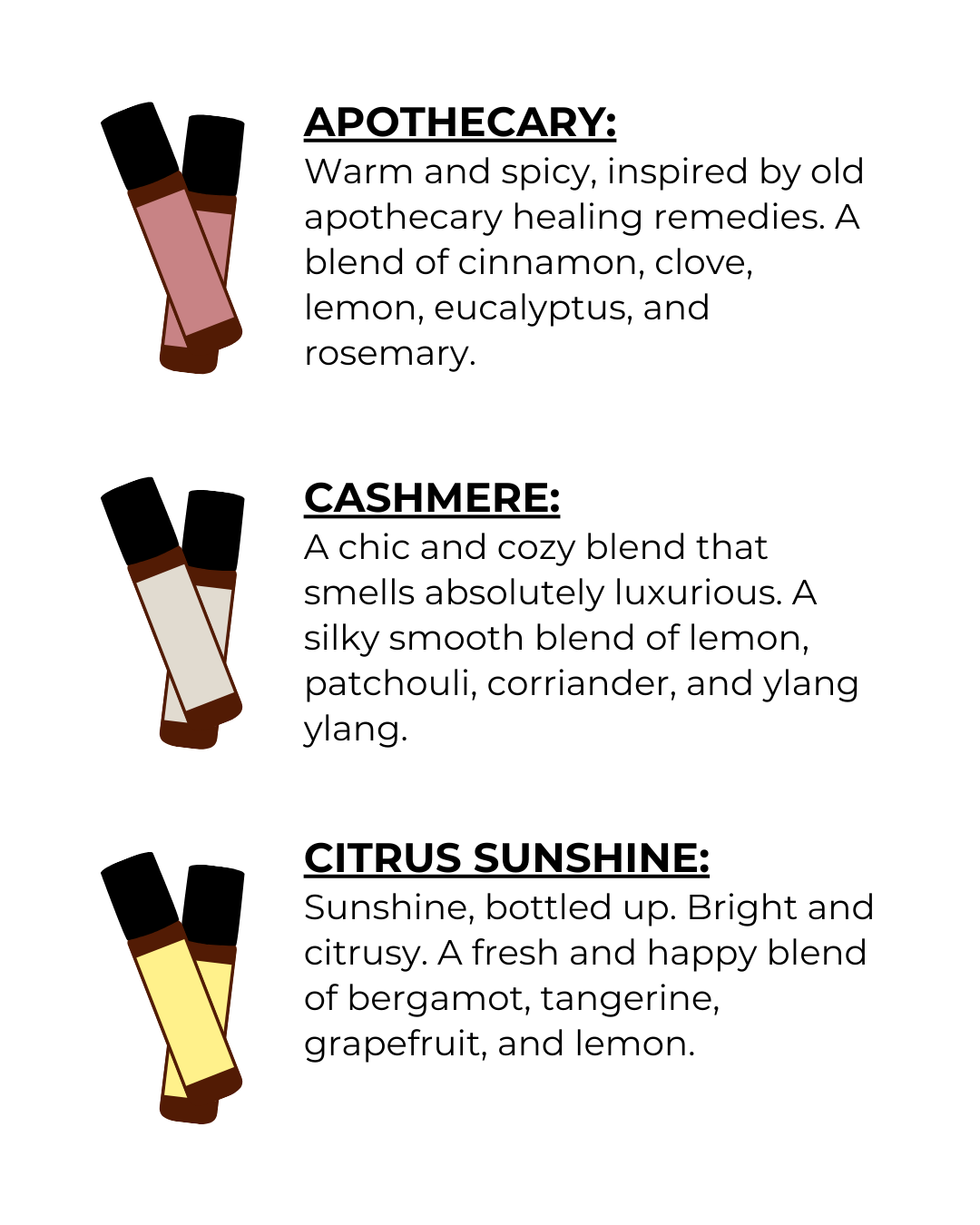 Scent Descriptions (1 of 7) text on image reads:

Apothecary: Warm and spicy, inspired by old apothecary healing remedies. A blend of cinnamon, clove, lemon, eucalyptus, and rosemary.

Cashmere: A chic and cozy blend that smells absolutely luxurious. A silky smooth blend of lemon, patchouli, corriander, and ylang ylang.

Citrus Sunshine: Sunshine, bottled up. Bright and citrusy. A fresh and happy blend of bergamot, tangerine, grapefruit, and lemon.
