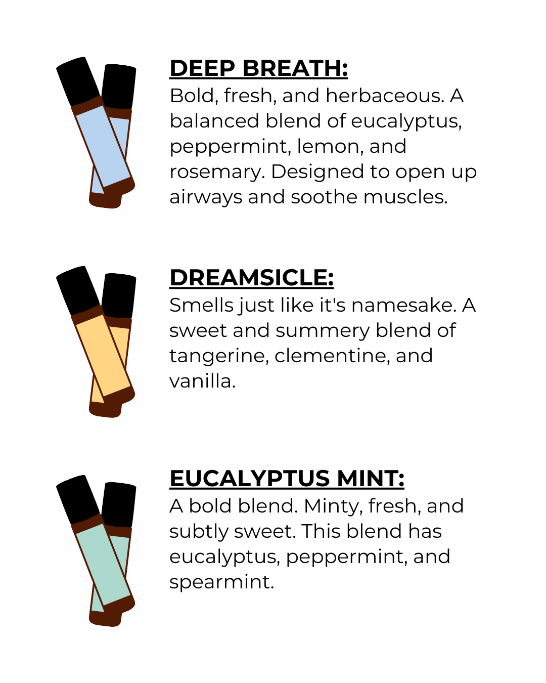 Scent Descriptions (2 of 7). Text on image reads:

Deep Breath: Bold, fresh, and herbaceous. A balanced blend of eucalyptus, peppermint, lemon, and rosemary. Designed to open up airways and soothe muscles.

Dreamsicle: Smells just like it's namesake. A sweet and summery blend of tangerine, clementine, and vanilla. 

Eucalyptus Mint: A bold blend. Minty, fresh, and subtly sweet. This blend has eucalyptus, peppermint, and spearmint.