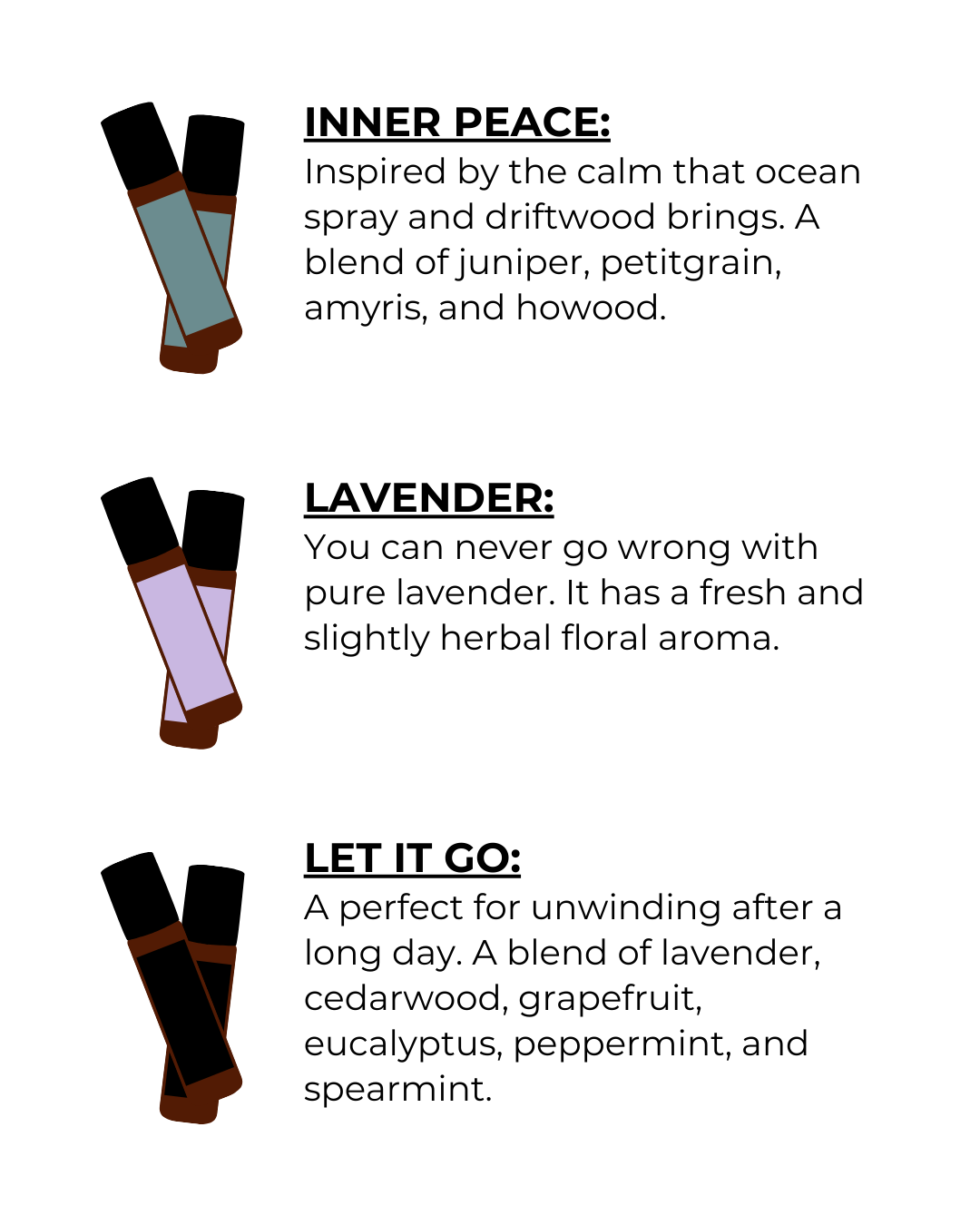 Scent Descriptions (4 of 7). Text on image reads:

Inner Peace: Inspired by the calm that ocean spray and driftwood brings. A blend of juniper, petitgrain, amyris, and howood.

Lavender: You can never go wrong with pure lavender. It has a fresh and slightly herbal floral aroma.

Let It Go: A perfect for unwinding after a long day. A blend of lavender, cedarwood, grapefruit, eucalyptus, peppermint, and spearmint.
