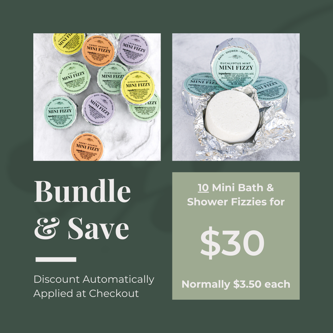 Bundle and Save graphic describing discount and showing 2 images of mini bath and shower fizzies. 