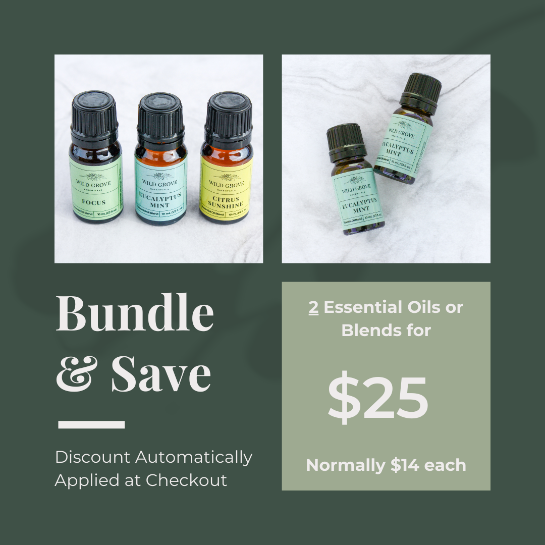 graphic showing bundle and save discount with 2 images of 10ml essential oils.
