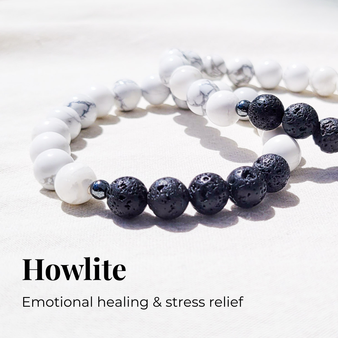 White howlite diffuser bracelet with black lava stones and silver hematite spacers for essential oil diffusion.